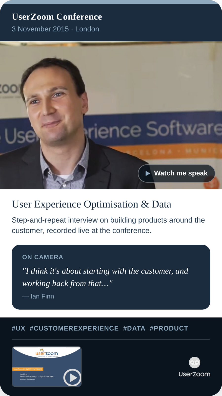 Ian Finn interviewed at UserZoom conference, November 2015.